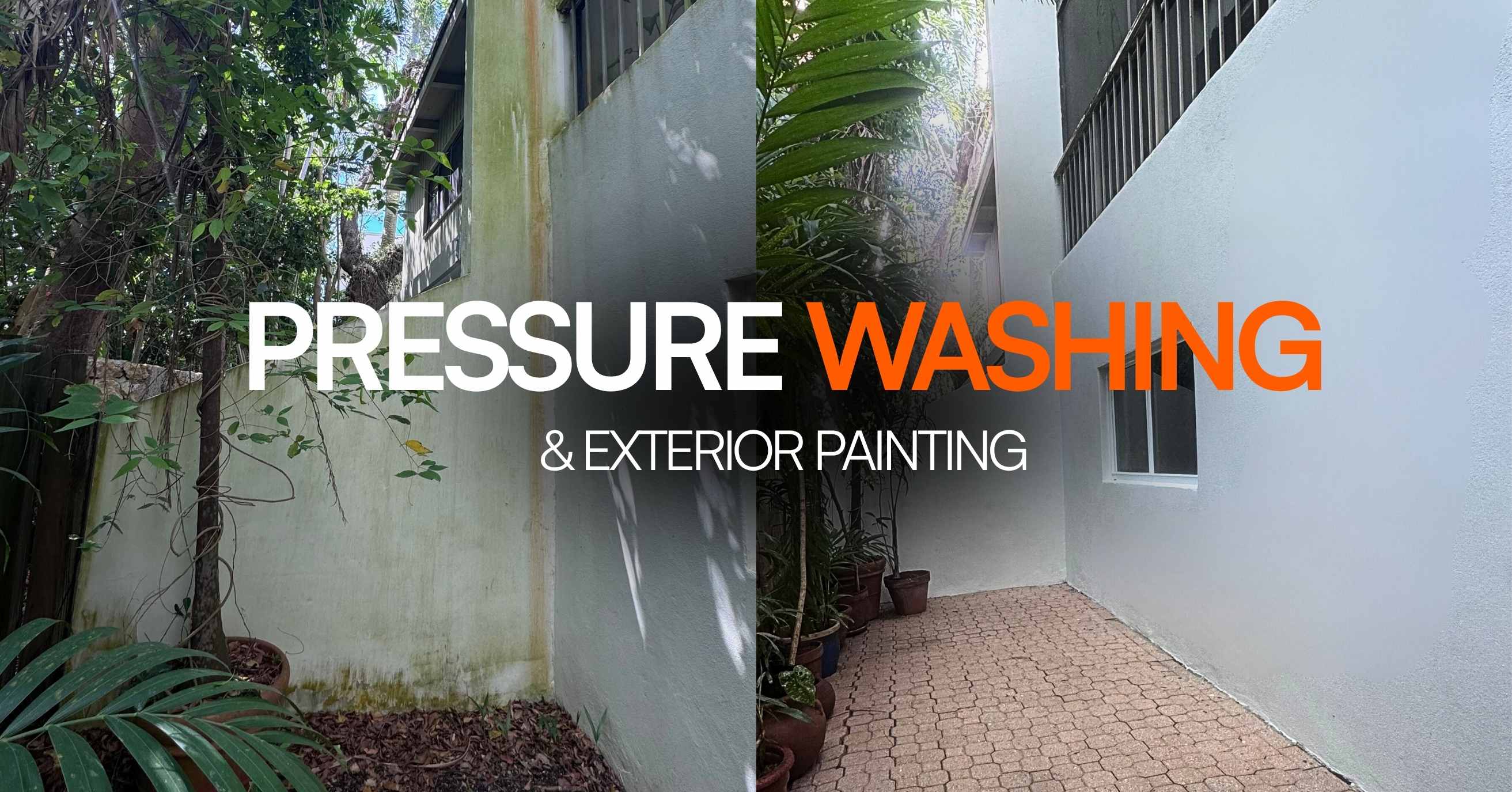Before and after pressure washing and exterior painting service in Miami showing mold removal and repaint on a residential home exterior wall, completed by 800 Handy licensed handyman contractor serving Miami-Dade and Broward