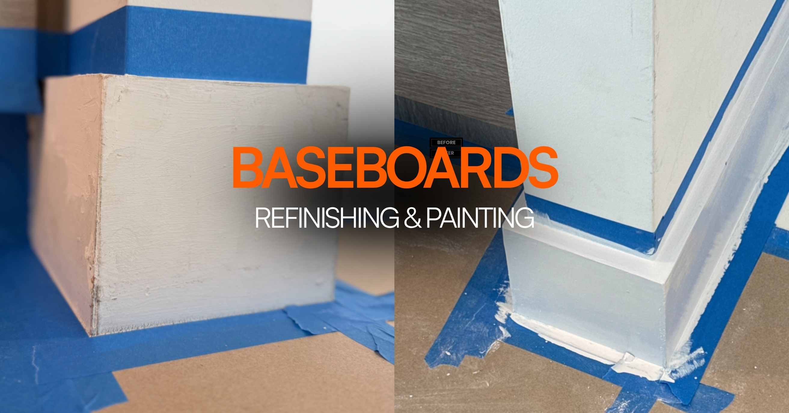 Baseboard refinishing and painting before and after in a Miami condo showing crisp sharp white finish after sanding, priming and repainting with blue tape still visible, detail work completed by 800 Handy licensed handyman serving Miami Beach, Brickell and Coconut Grove