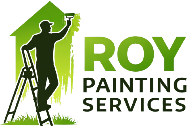 Silhouette of a painter on a ladder painting a green house shape with a roller next to the text 'ROY PAINTING SERVICES'.