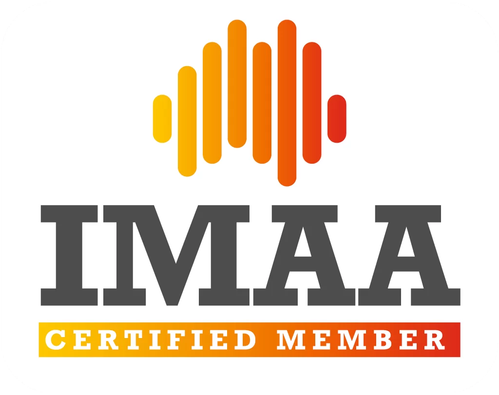 IMAA logo with orange to red soundwave icon above the text 'IMAA' and a gradient bar reading 'Certified Member'.