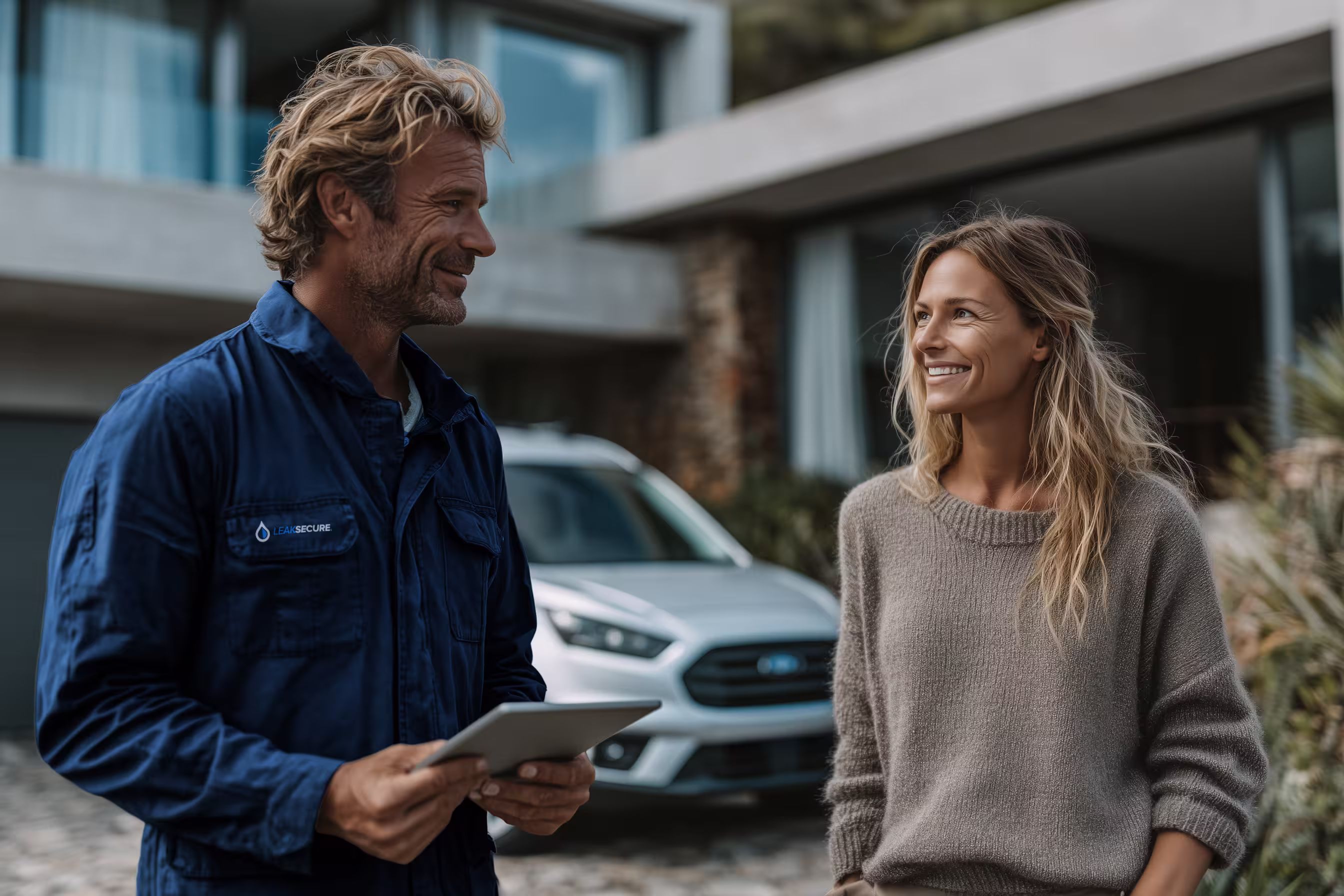 image of a service professional discussing the work to be done to the homeowner infront of a LeakSecure van parked at the homeowners driveway.