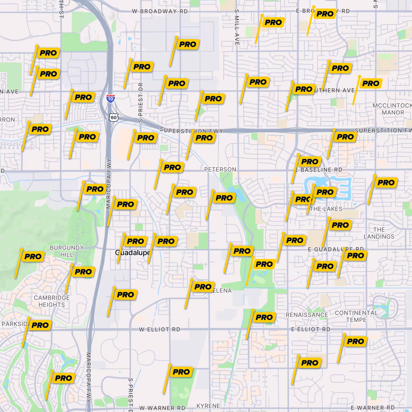 Navigation map with pins placed throughbout displaying teh PRO tag indicating homes with a LeakSecure