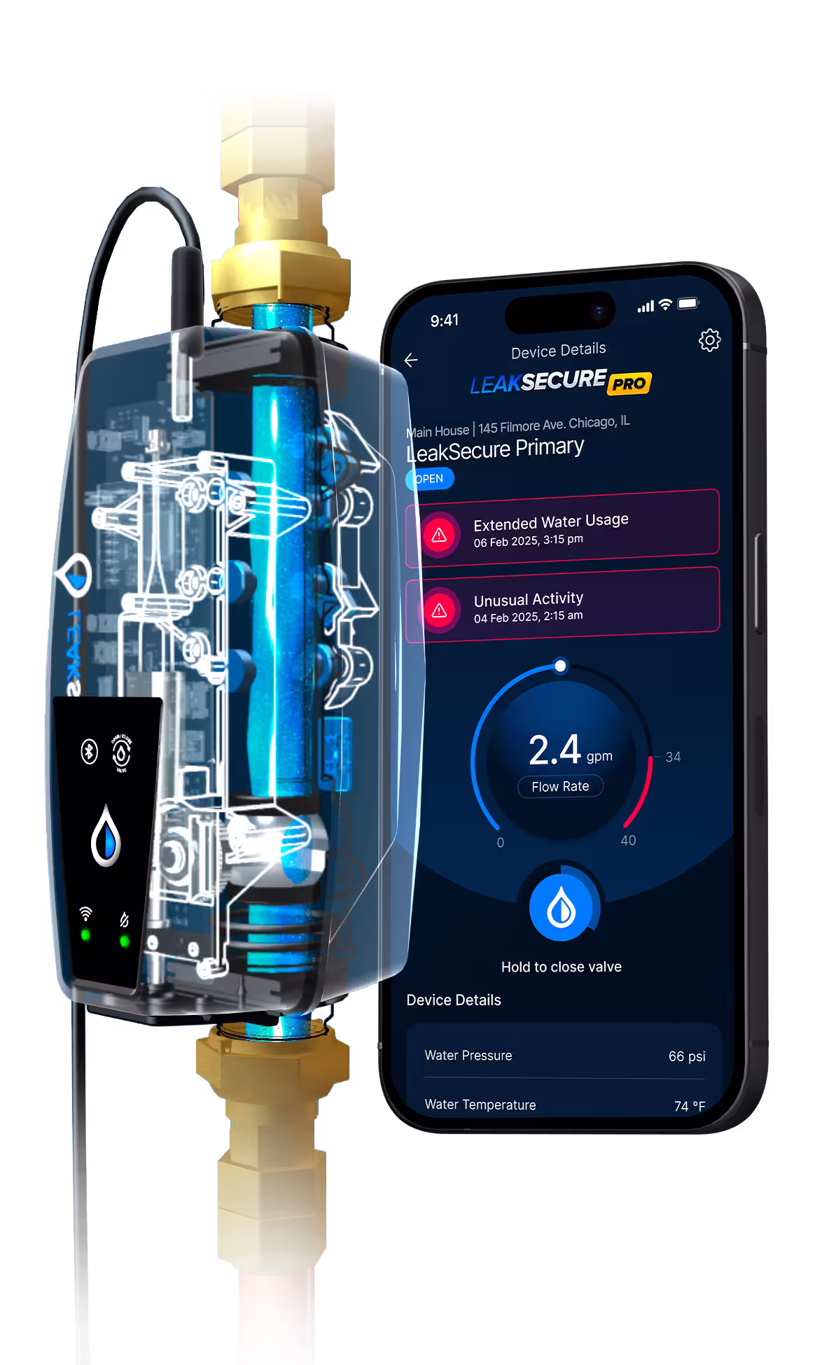3D rendering of the LeakSecure deivce vertically moiunted with a clear body so the internal components are revealed. The reis an iPhone next to it displaying the main PRO app screen