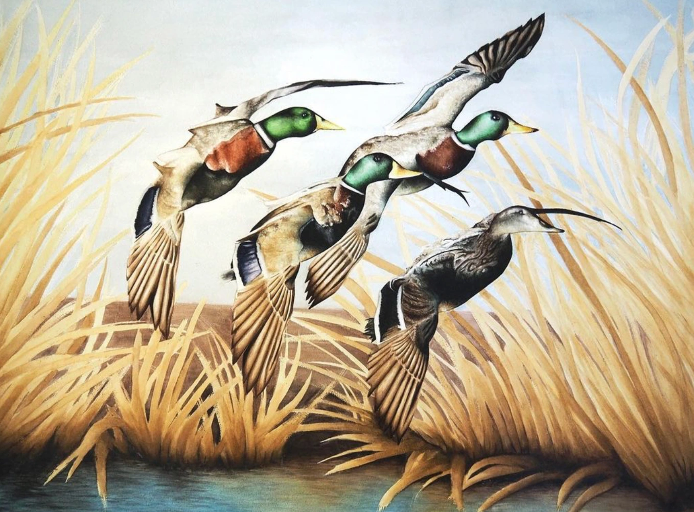 watercolor painting of ducks flying over water