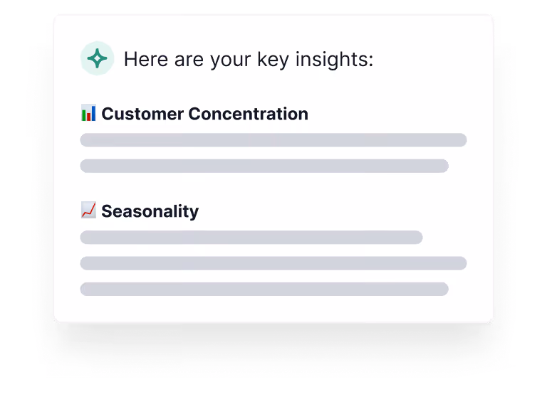 Text box titled 'Here are your key insights based on the current analysis' with sections for Customer Concentration and Seasonality, each accompanied by colored bar icons and placeholder summary lines.