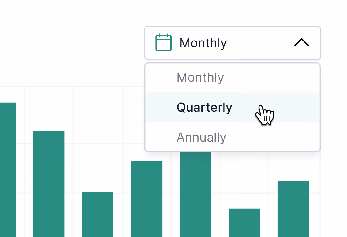 Dropdown menu above bar chart showing subscription options: Monthly, Quarterly (highlighted), and Annually with a hand cursor clicking Quarterly.