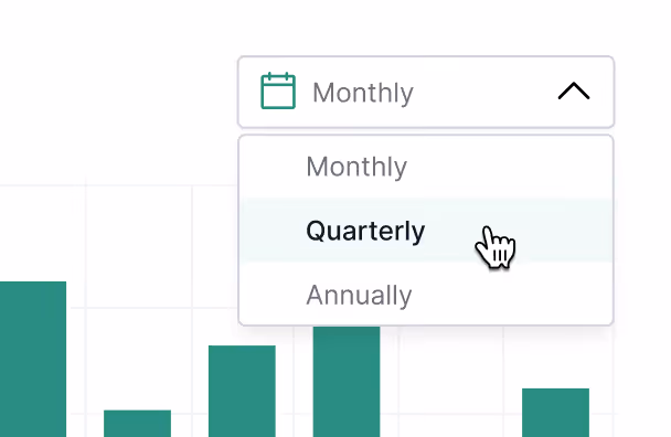 Dropdown menu for selecting report frequency showing options: Monthly, Quarterly highlighted with a hand cursor, and Annually.