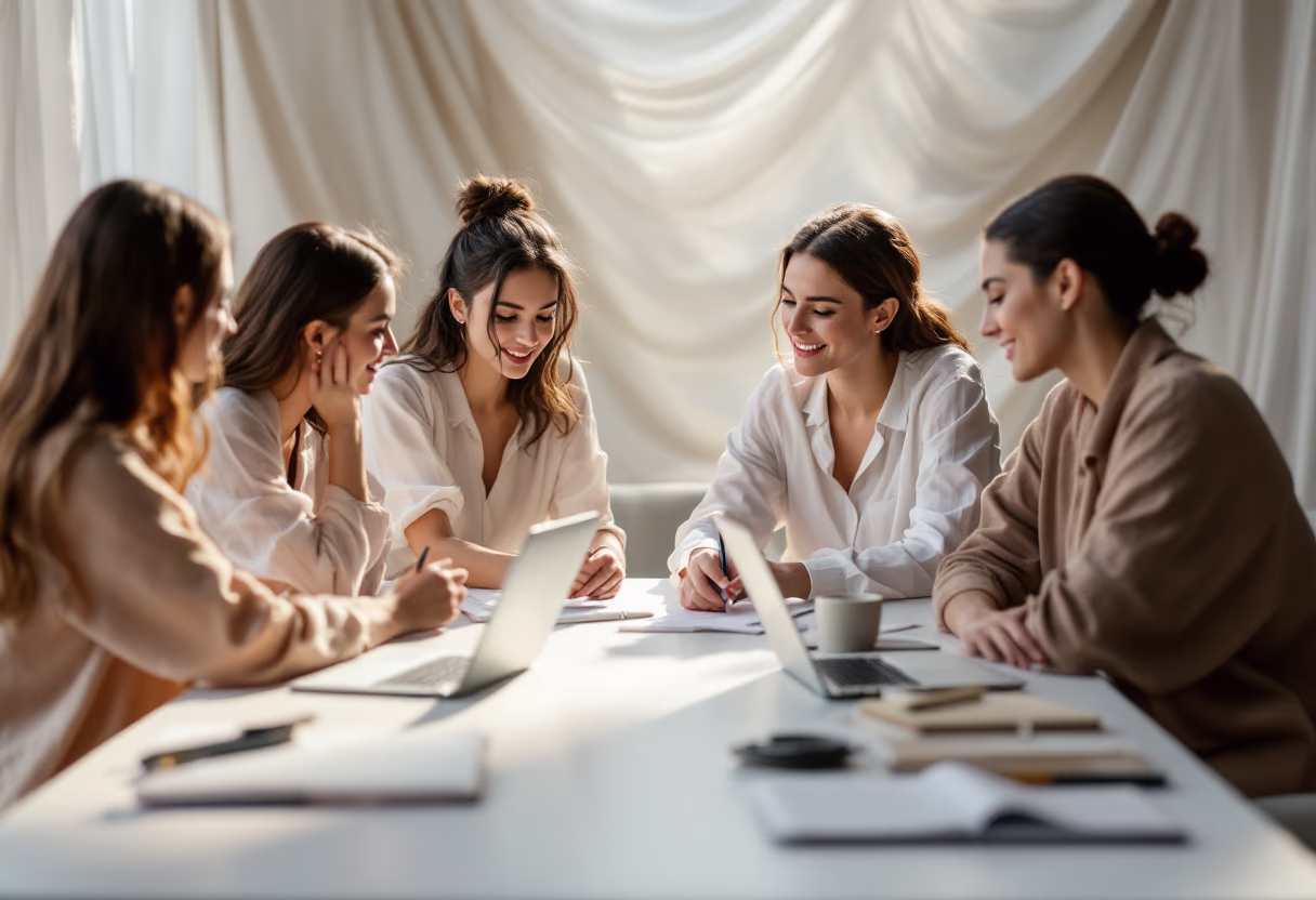 image of group discussion around technology (for a consumer apps)