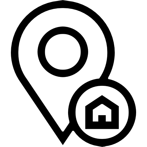 Map location pin icon with a small house symbol indicating home location.