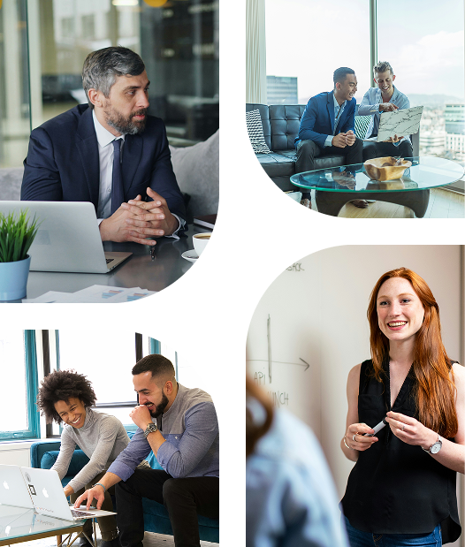 4 images of happy people working together