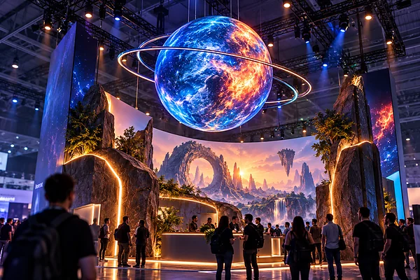 Dome Hanging LED sphere showing a cosmic planet with glowing rings above a rock-and-waterfall themed exhibition booth
