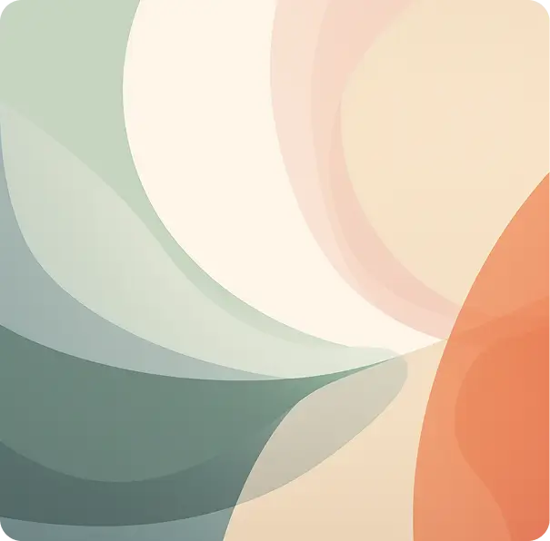 Abstract overlapping curved shapes in soft pastel colors of green, cream, peach, and orange.