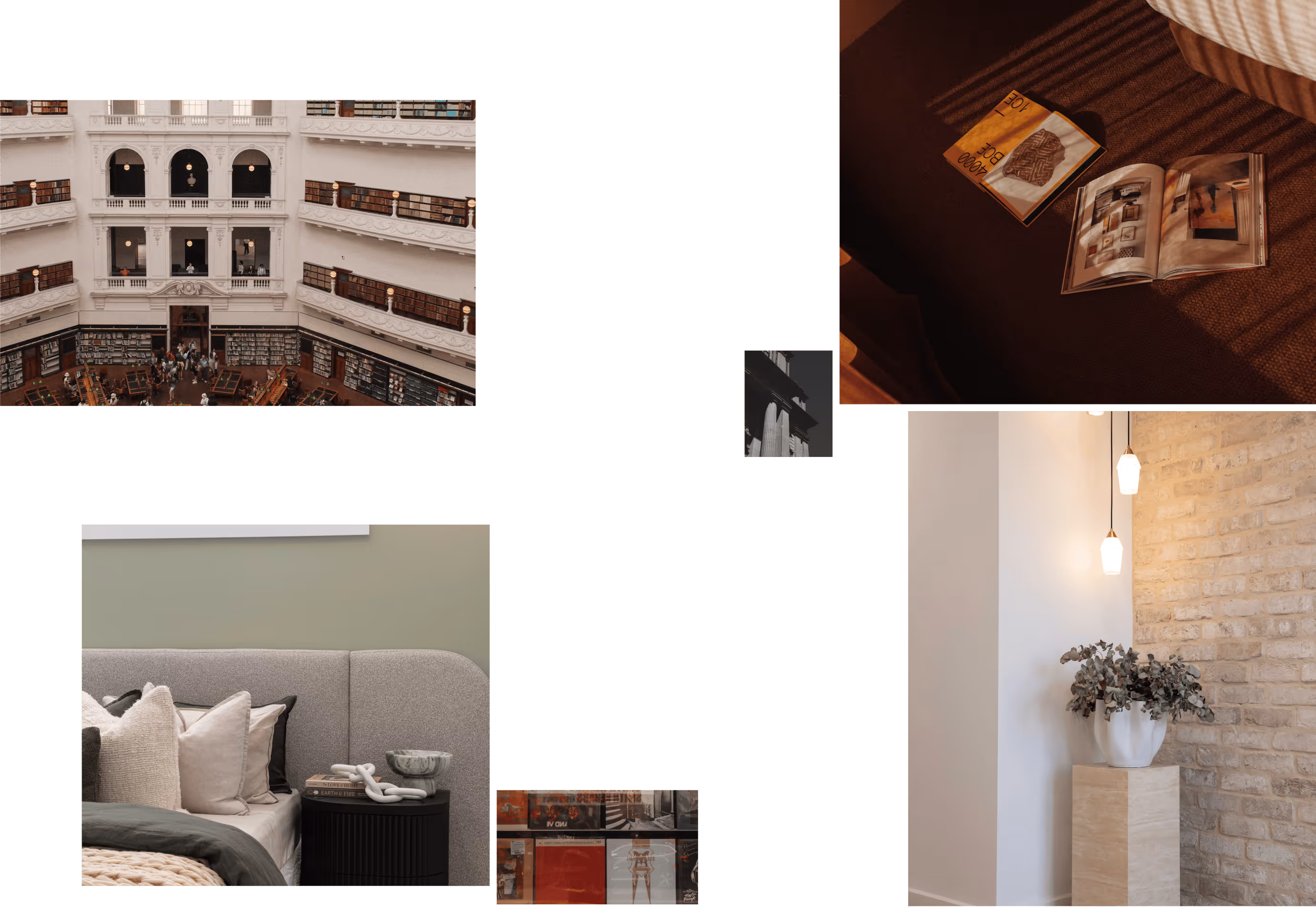 Collage of five images showing a classical library interior, an open book and a snack on a bed, a cozy bed with pillows and bedside table, a black and white architectural detail, and a vase with dried flowers on a pedestal against a brick wall.