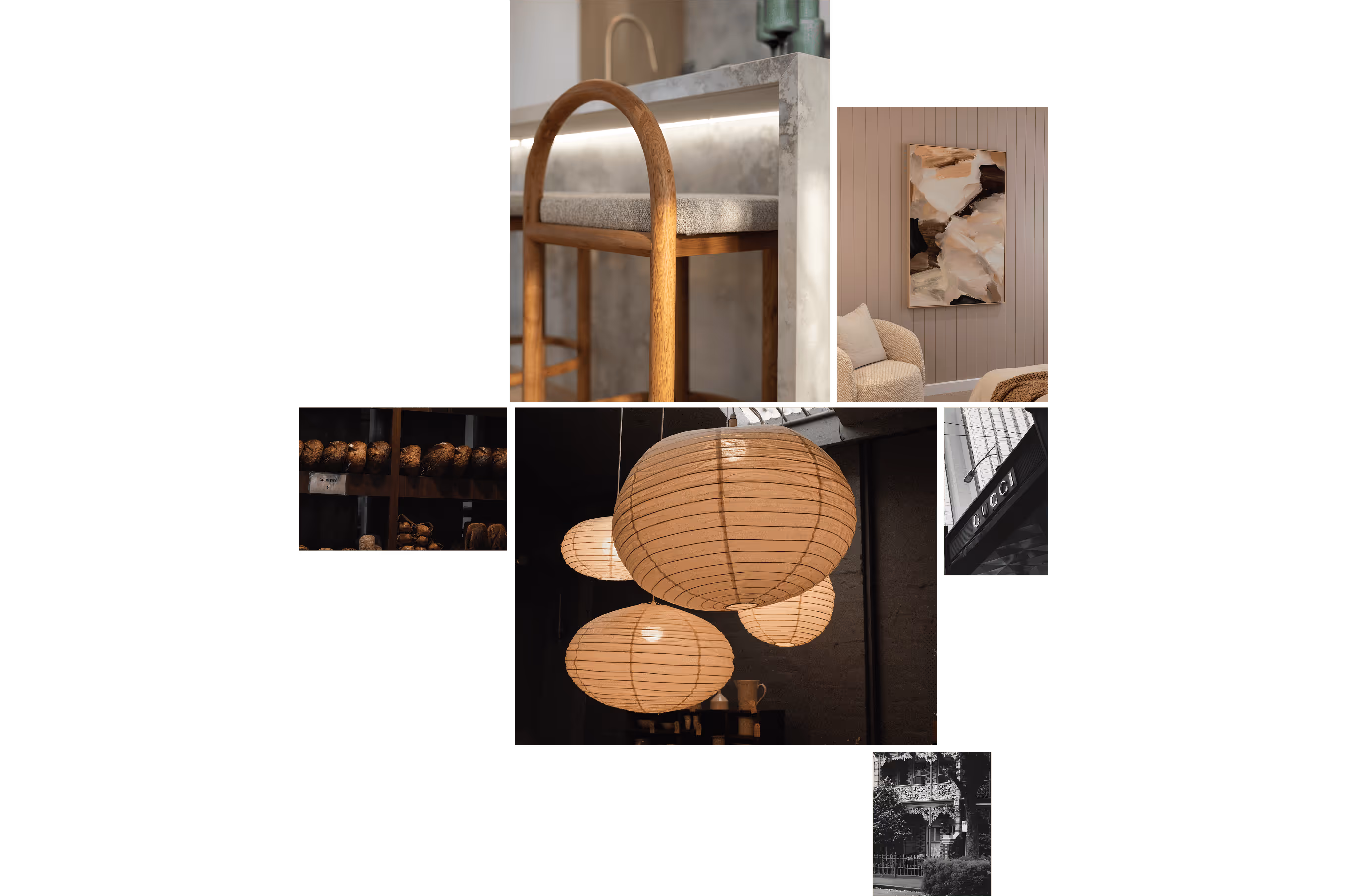 Collage featuring a wooden bar stool with fabric cushion, textured beige wall with abstract painting and cozy chair, bread loaves on shelves, hanging paper lantern lights, a Gucci storefront sign, and a black and white image of a vintage house with ornate balcony.