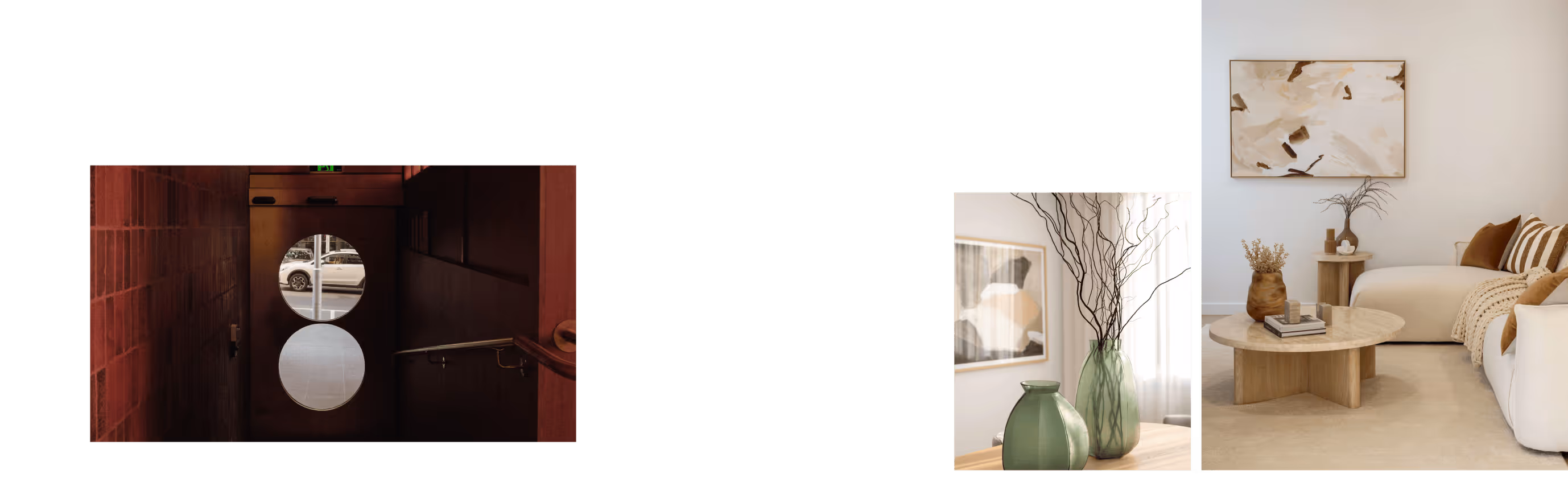 A warm-toned staircase with round windows on the door and a modern living room with neutral tones, wooden furniture, decorative vases, and abstract art.