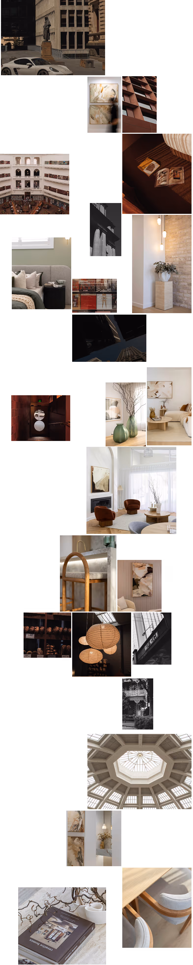 Collage of various architectural and interior design images including modern buildings, cozy living rooms, artwork, lighting fixtures, a library, and decorative plants.