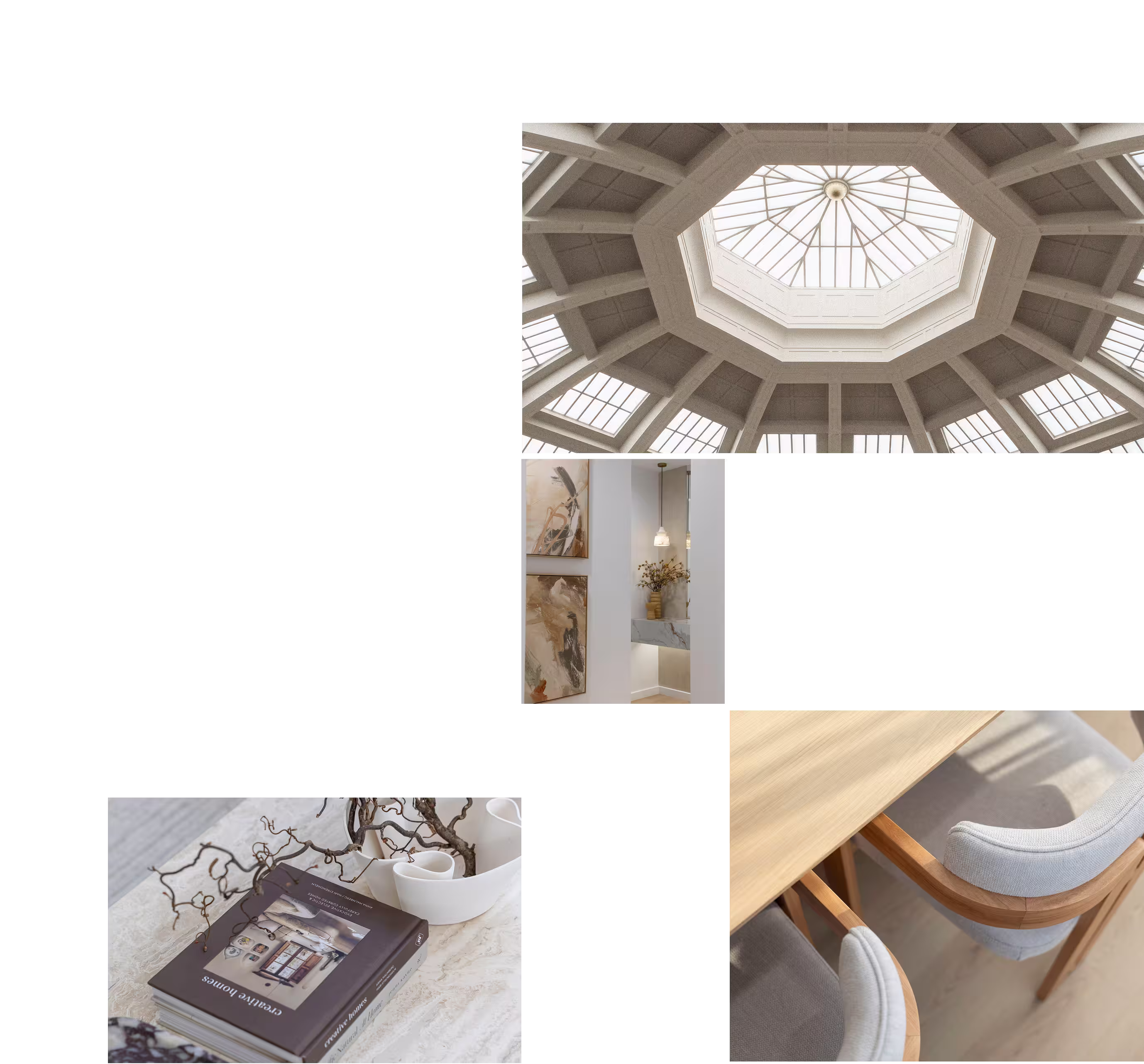Collage of modern interior details: an octagonal skylight ceiling, abstract paintings with a vase on a shelf, a stack of design books with decorative branches, and wooden chairs with light gray cushions.