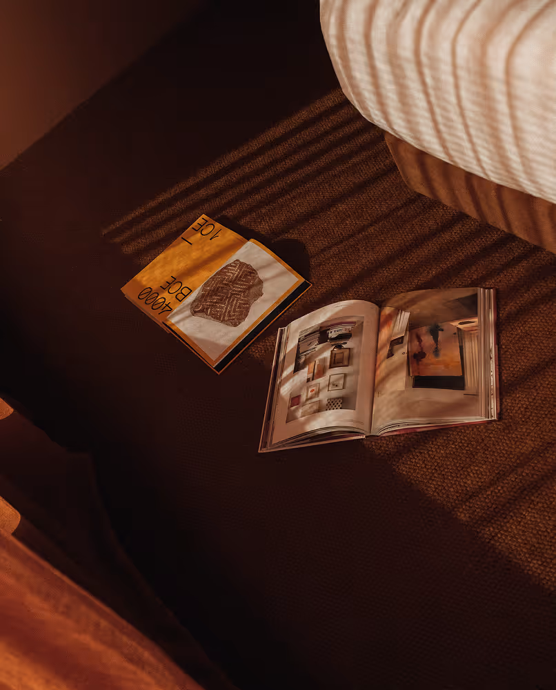 Two open magazines lying on a textured dark brown carpet next to a beige-striped sofa with sunlight casting shadows.