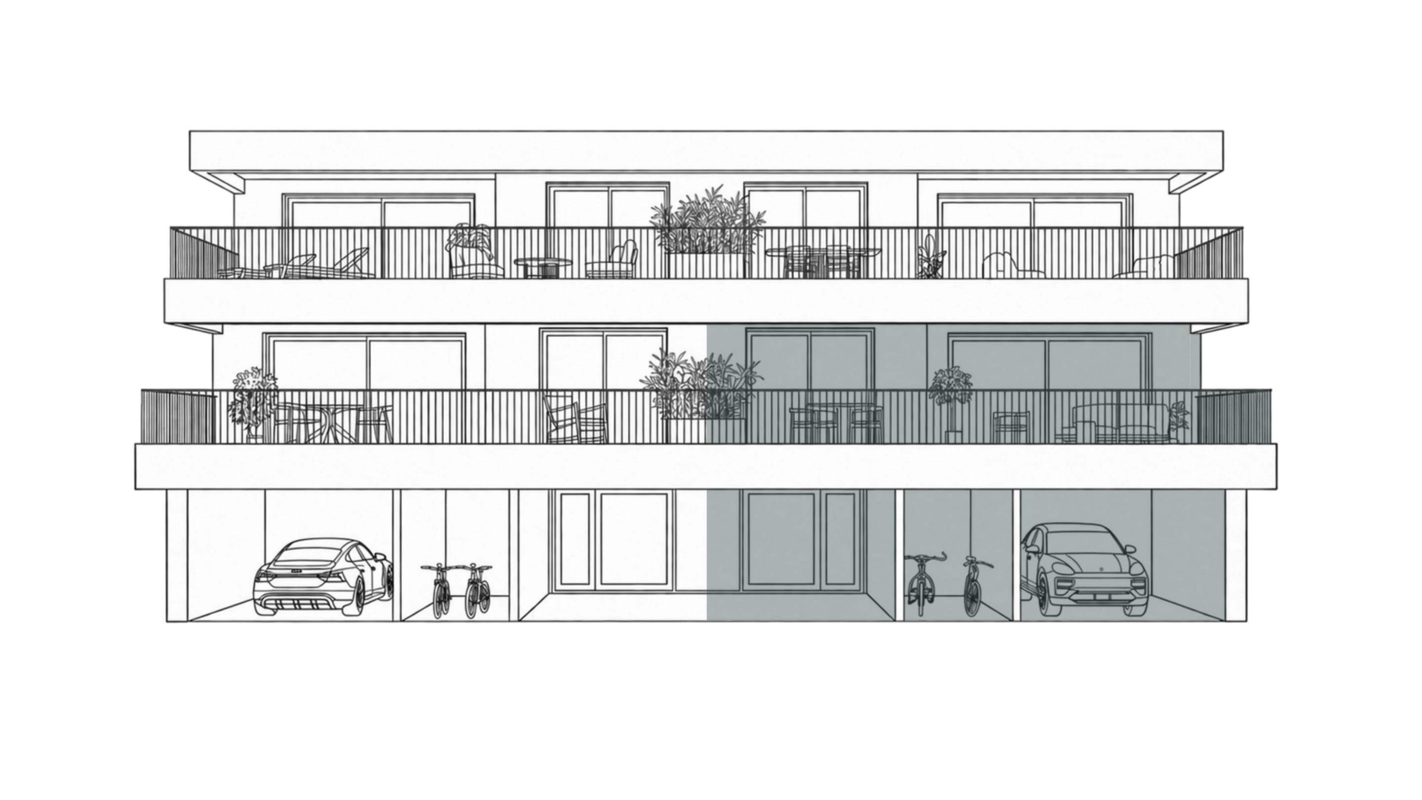 Élévation architecturale d'un bâtiment moderne de trois étages avec des balcons équipés de chaises, tables, plantes et parasols, et des garages avec des voitures et des vélos au rez-de-chaussée.