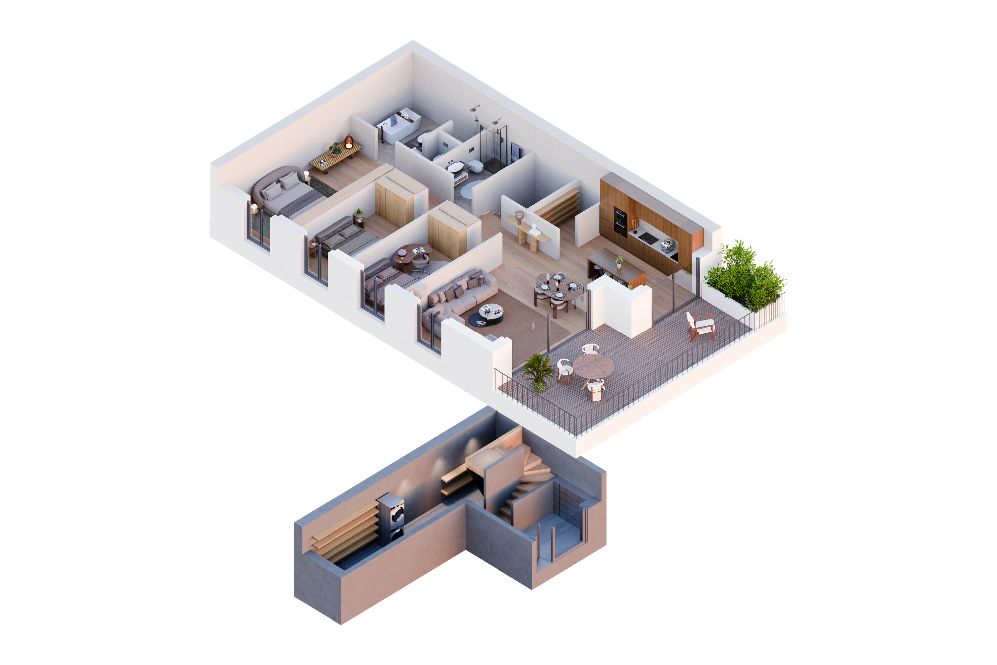 Vue isométrique d'un appartement moderne de deux chambres avec un salon et une salle à manger ouverts, une cuisine, une salle de bains, une terrasse avec des sièges extérieurs et une buanderie et un espace de rangement attenants au sous-sol.