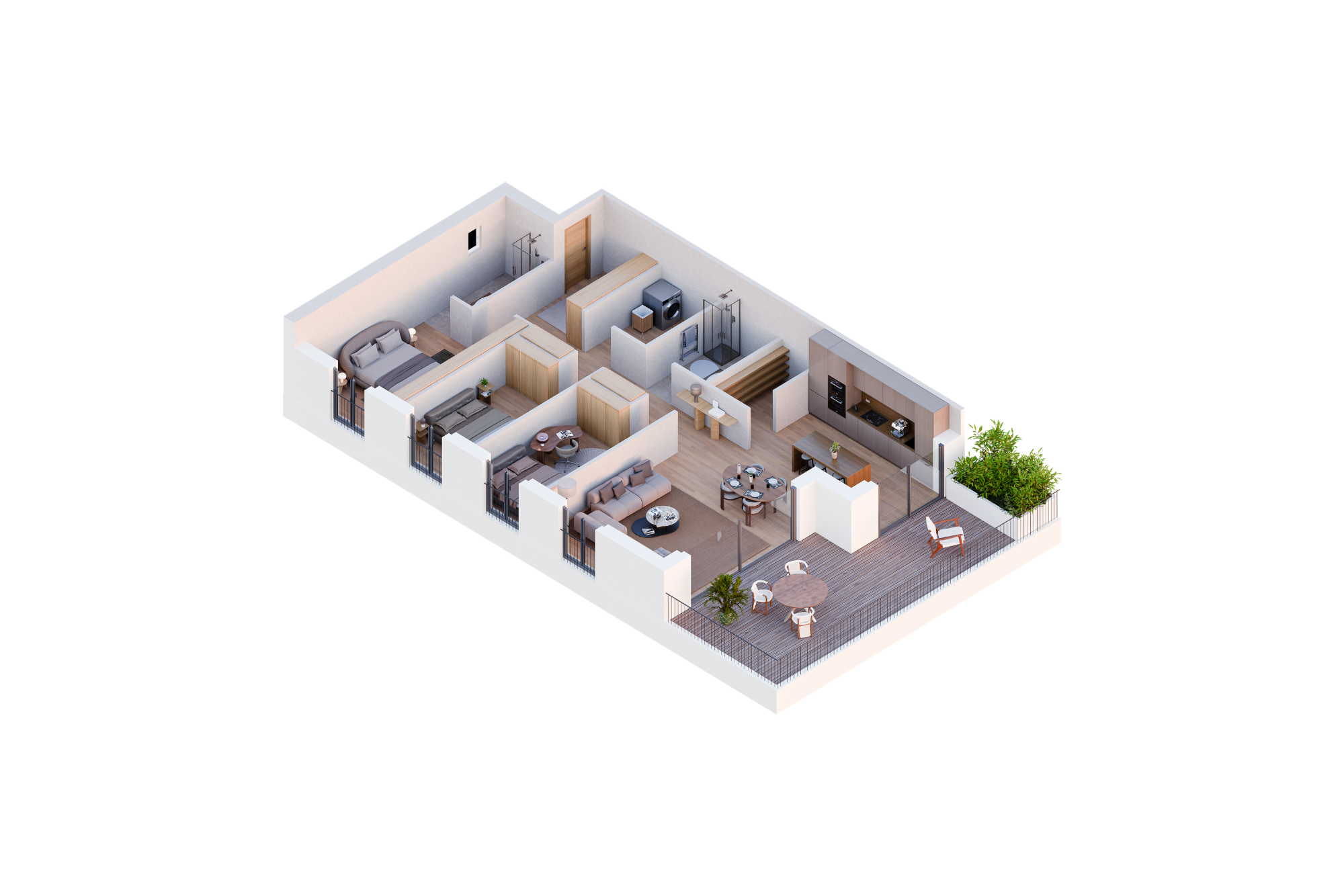 Plan d'étage 3D isométrique montrant un appartement moderne avec deux chambres, deux salles de bains, une cuisine ouverte et un coin repas, un salon et un patio extérieur avec des sièges et des plantes.