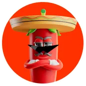 Cartoon chili pepper wearing a sombrero, sunglasses, and a mustache, crossing its arms with an orange background.