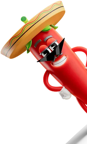 Smiling animated red chili pepper wearing a sombrero and sunglasses with hands on hips.