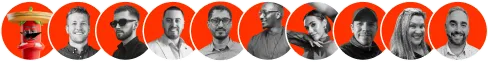 Row of nine individual circular portrait photos with red-orange backgrounds, featuring diverse men and women facing forward or slightly angled.