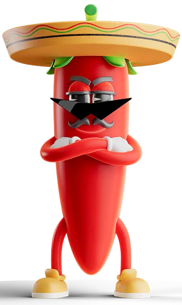 Animated red chili pepper with crossed arms wearing a large sombrero, black sunglasses, a mustache, and yellow shoes.