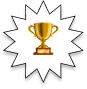Gold trophy cup on a starburst background.