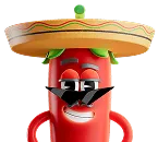 Red chili pepper cartoon character wearing a large beige sombrero with a green chili on top, sunglasses, and a mustache.
