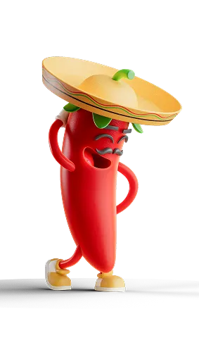 Smiling red chili pepper character wearing a large yellow sombrero and yellow shoes.