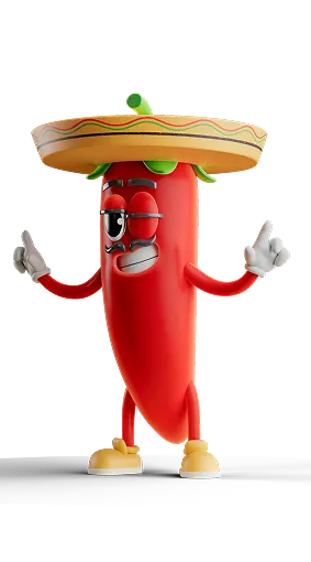 Cartoon red chili pepper wearing a yellow sombrero, glasses, and yellow shoes with a mustache, gesturing with both hands.
