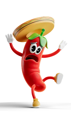 Animated red chili pepper character wearing a sombrero, white gloves, and shoes, with a worried facial expression and raised arms and leg.