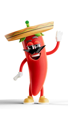 Animated red chili pepper wearing a sombrero, black sunglasses, white gloves, and yellow shoes, waving with a smile.