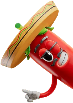 Animated red chili pepper character wearing a sombrero and pointing with a gloved hand.