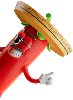 Animated chili pepper character wearing a sombrero and white gloves, pointing with one hand and winking.