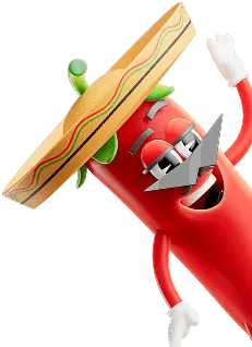 Animated red chili pepper wearing a sombrero, sunglasses, and white gloves, smiling and waving.
