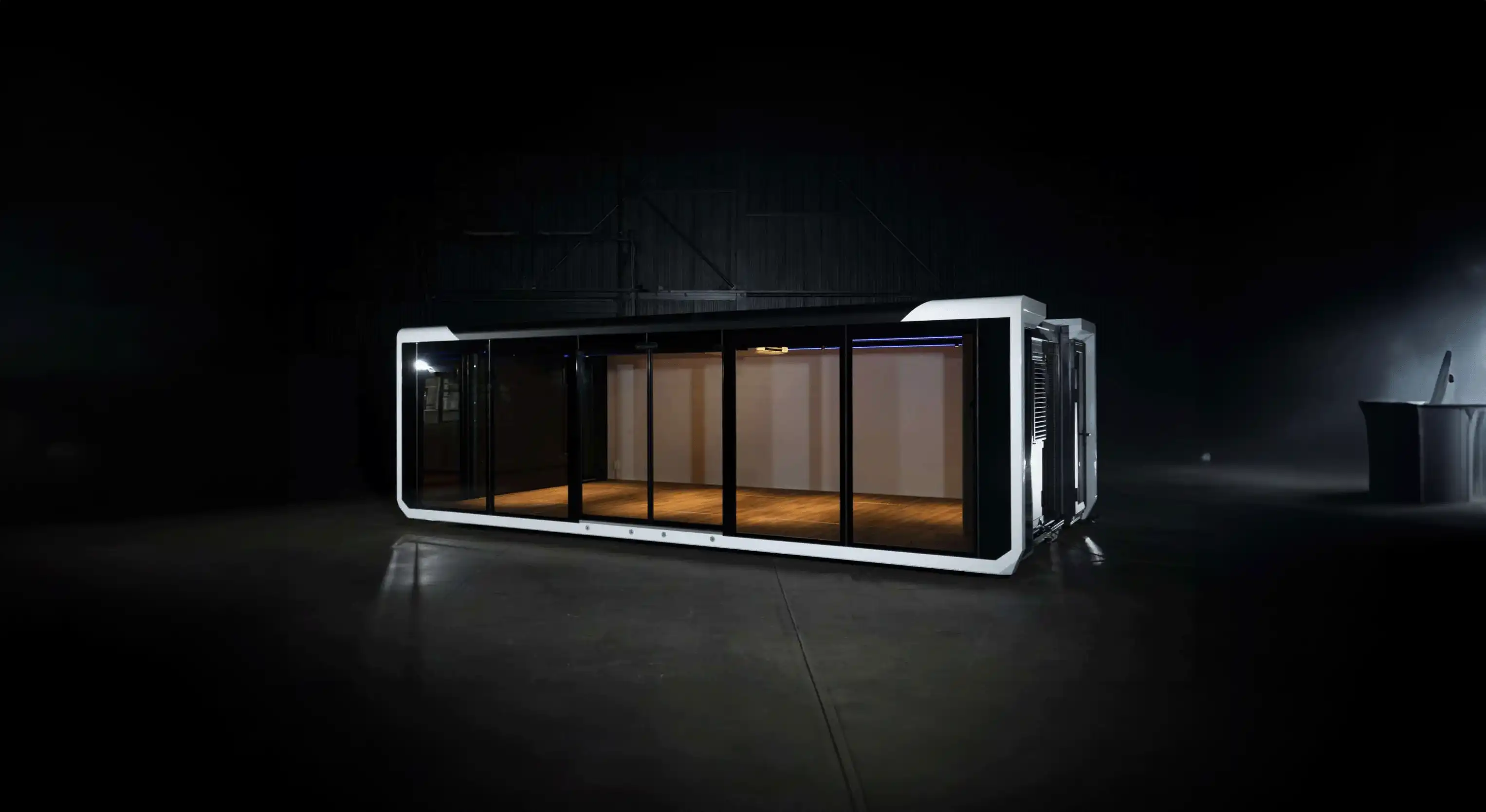 one of expandable container standing in operating mode in th warehouse