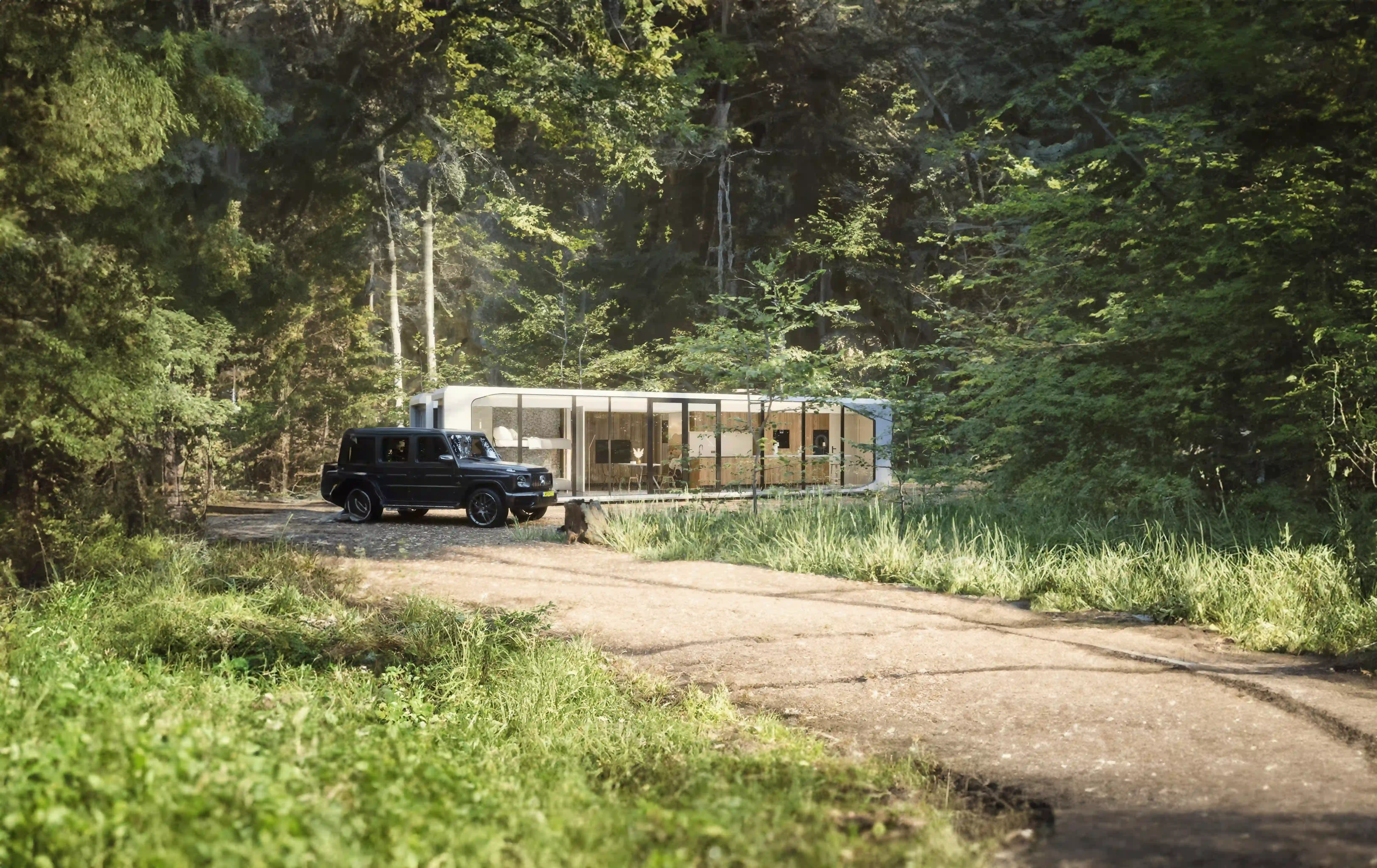 Expandable mobile home towed by SUV in forest.
