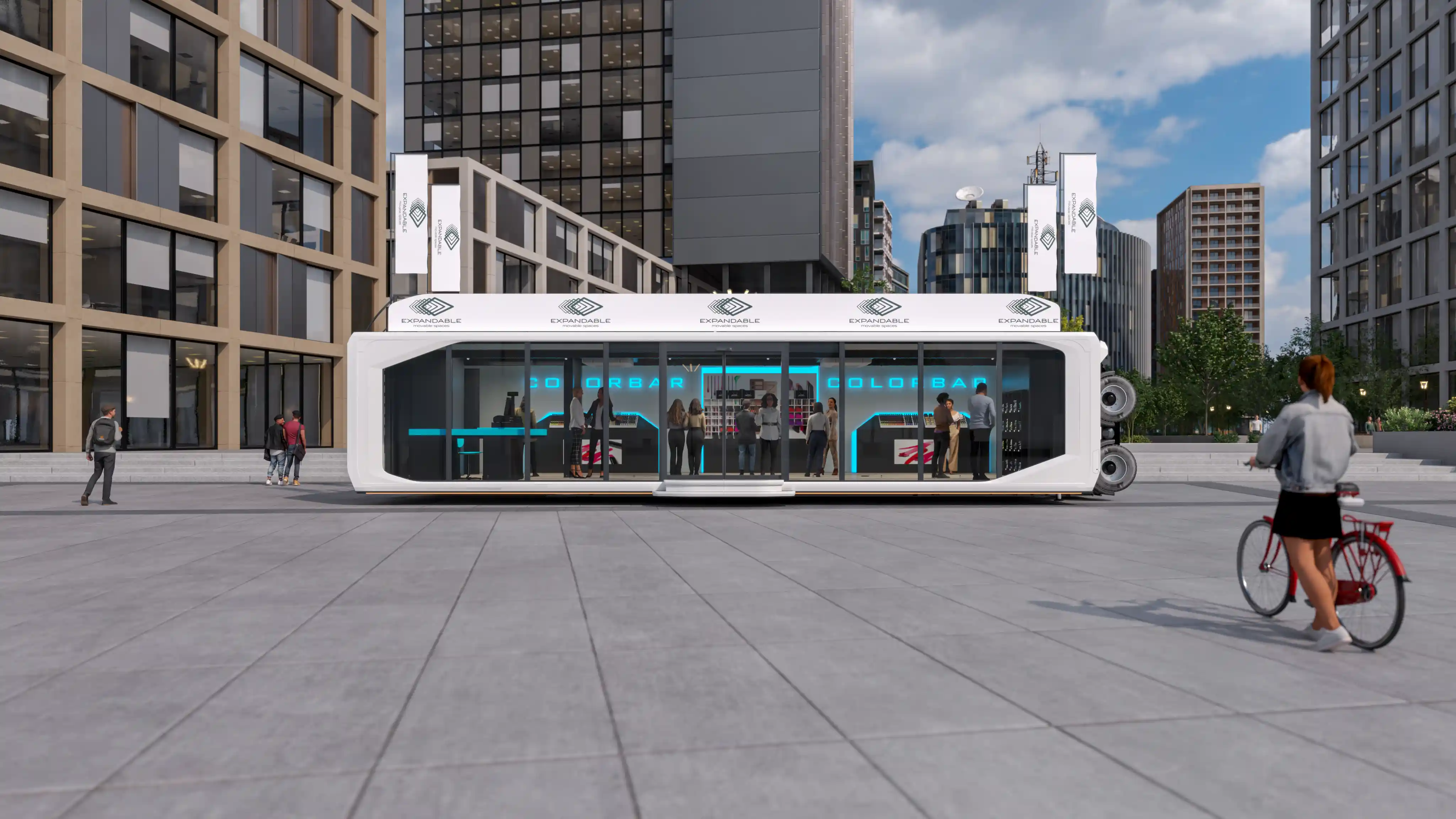 Pop-up sales Expandable Touchdown in a city square.