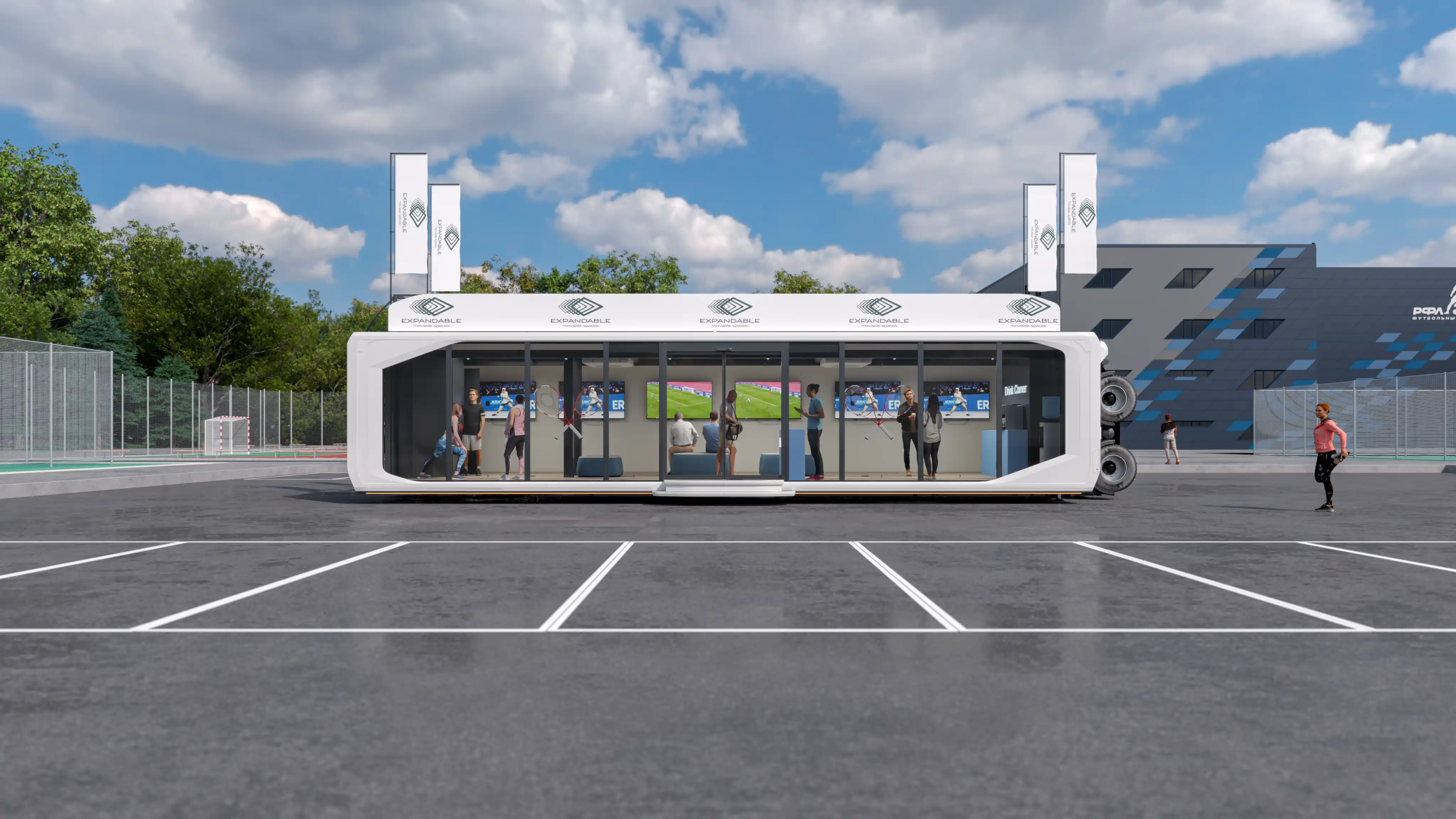 Identical sports event mobile Expandable unit in urban setting.