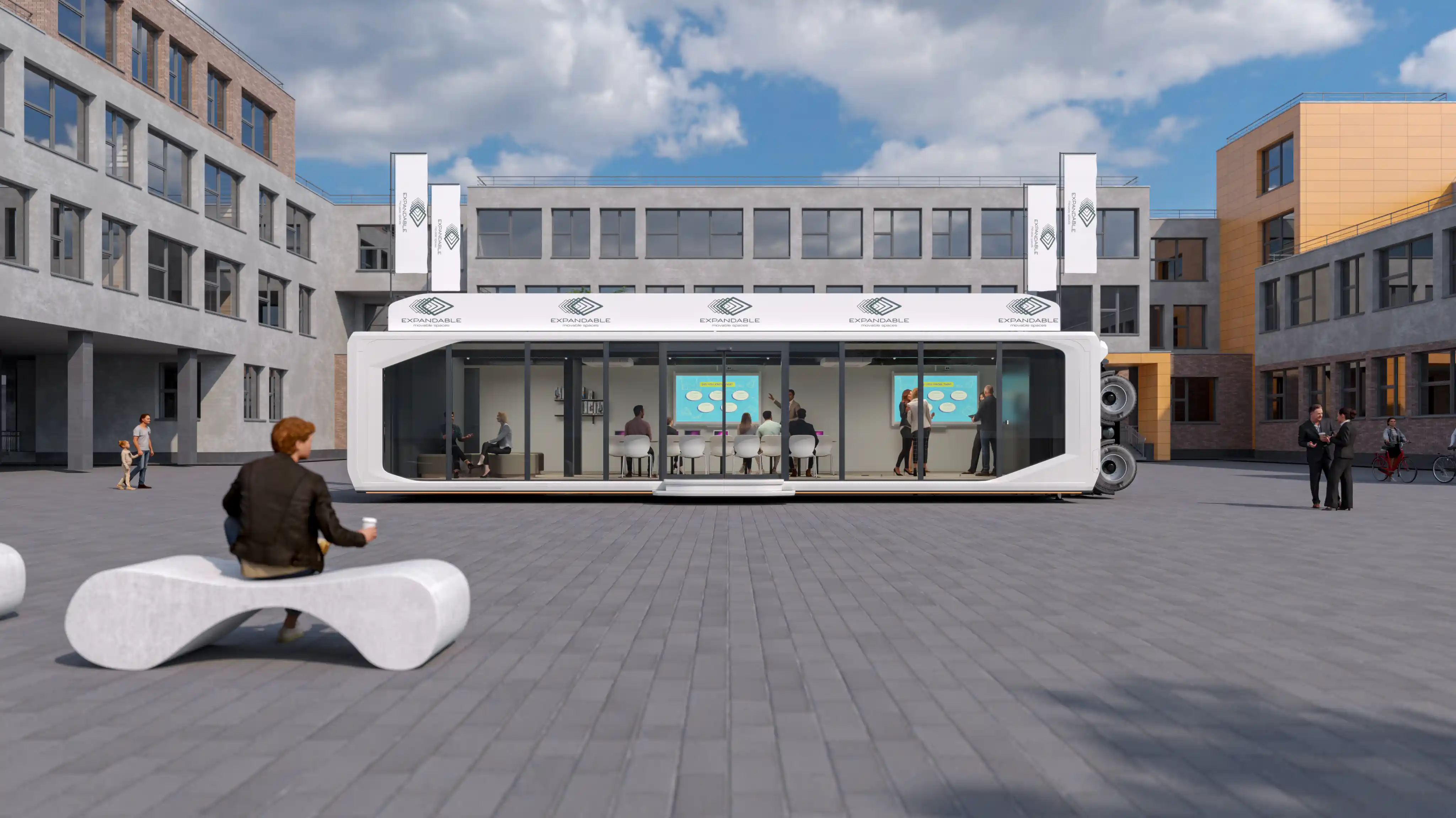 Mobile event Expandable Touchdown in front of modern buildings.