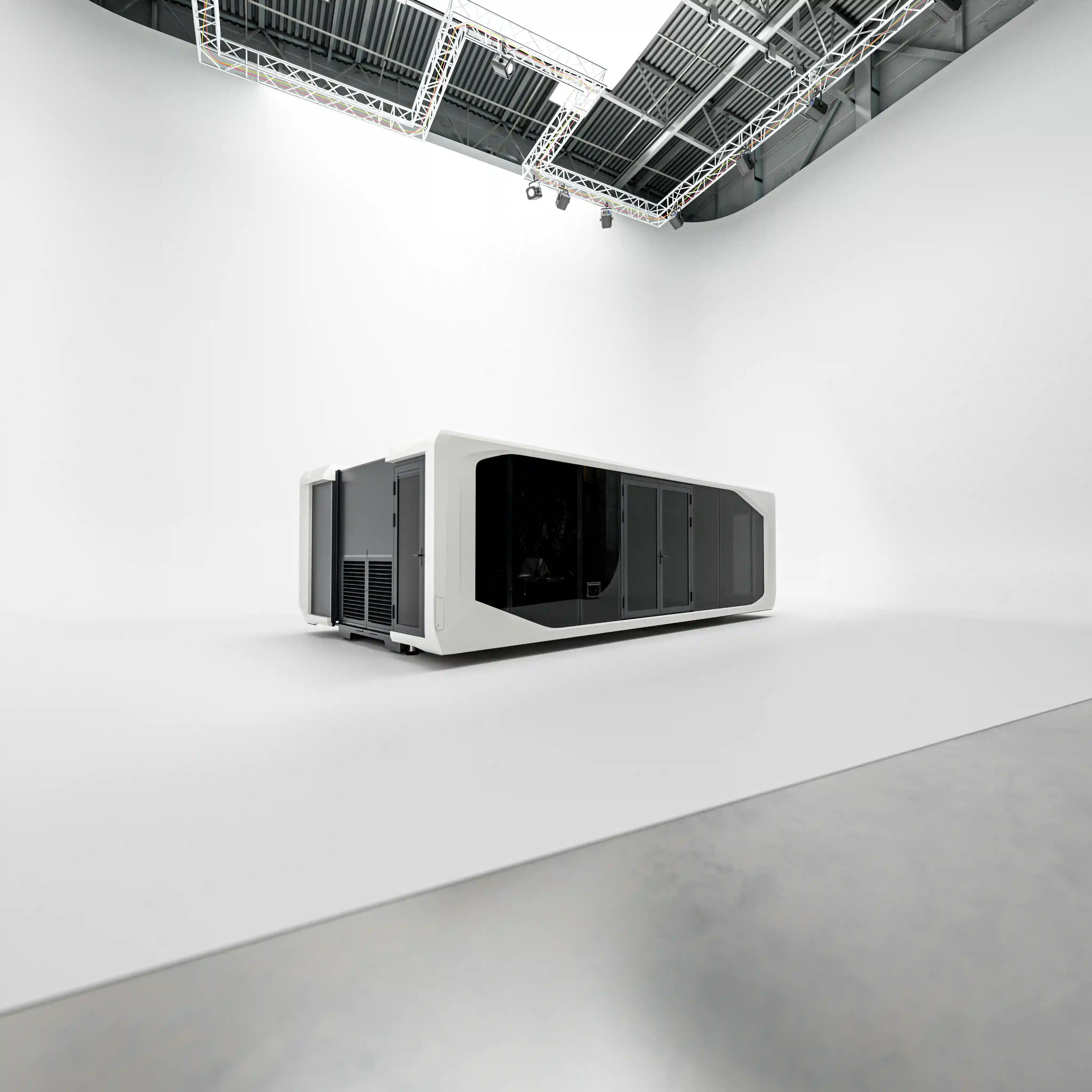 Interior perspective of Expandable Pod 30ft, spacious for mobile broadcasts and launches.