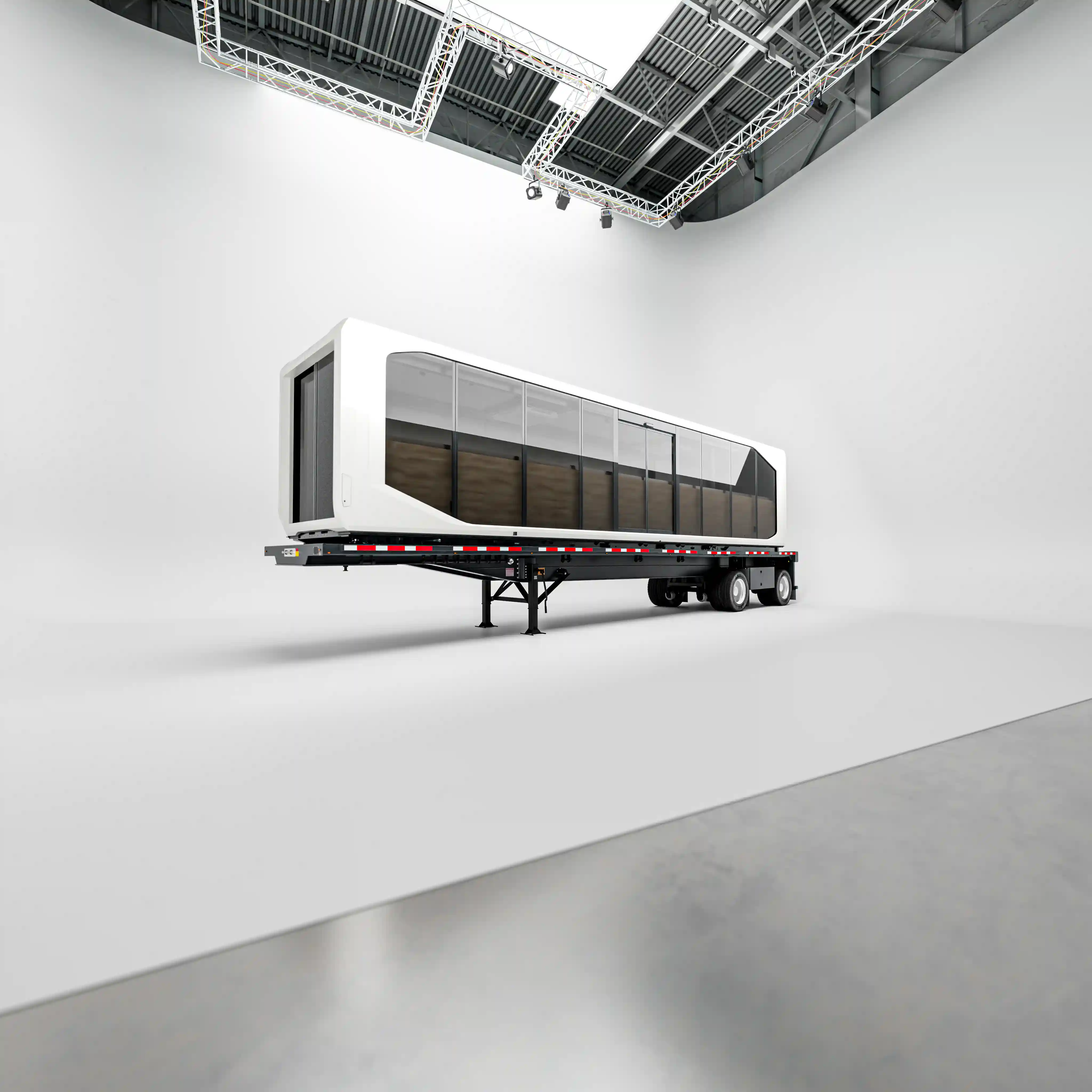 Expandable Pod 44ft on trailer, depicting ease of transport for events.