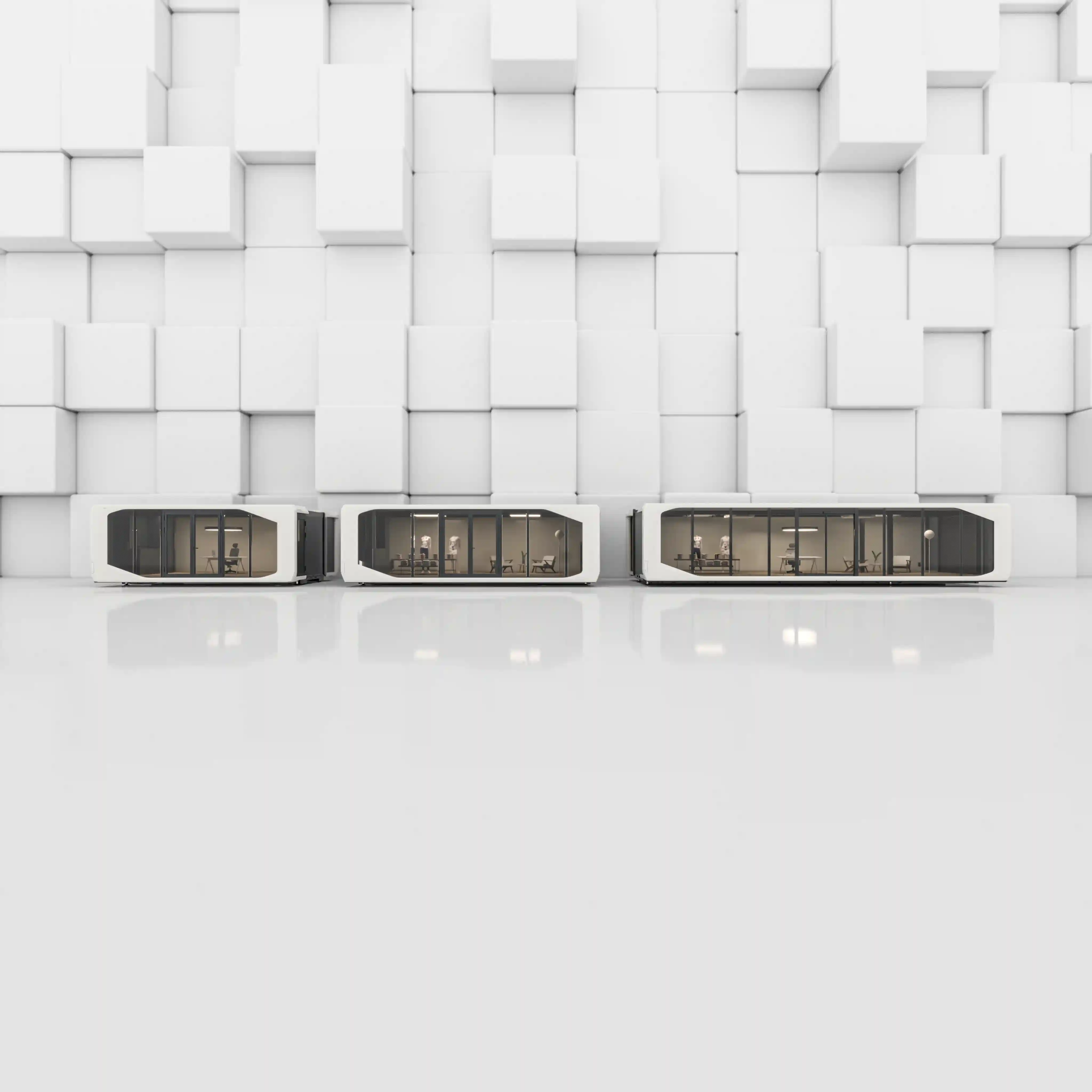Lineup of Expandable Pods in 25ft, 30ft, and 44ft models against a modular backdrop.