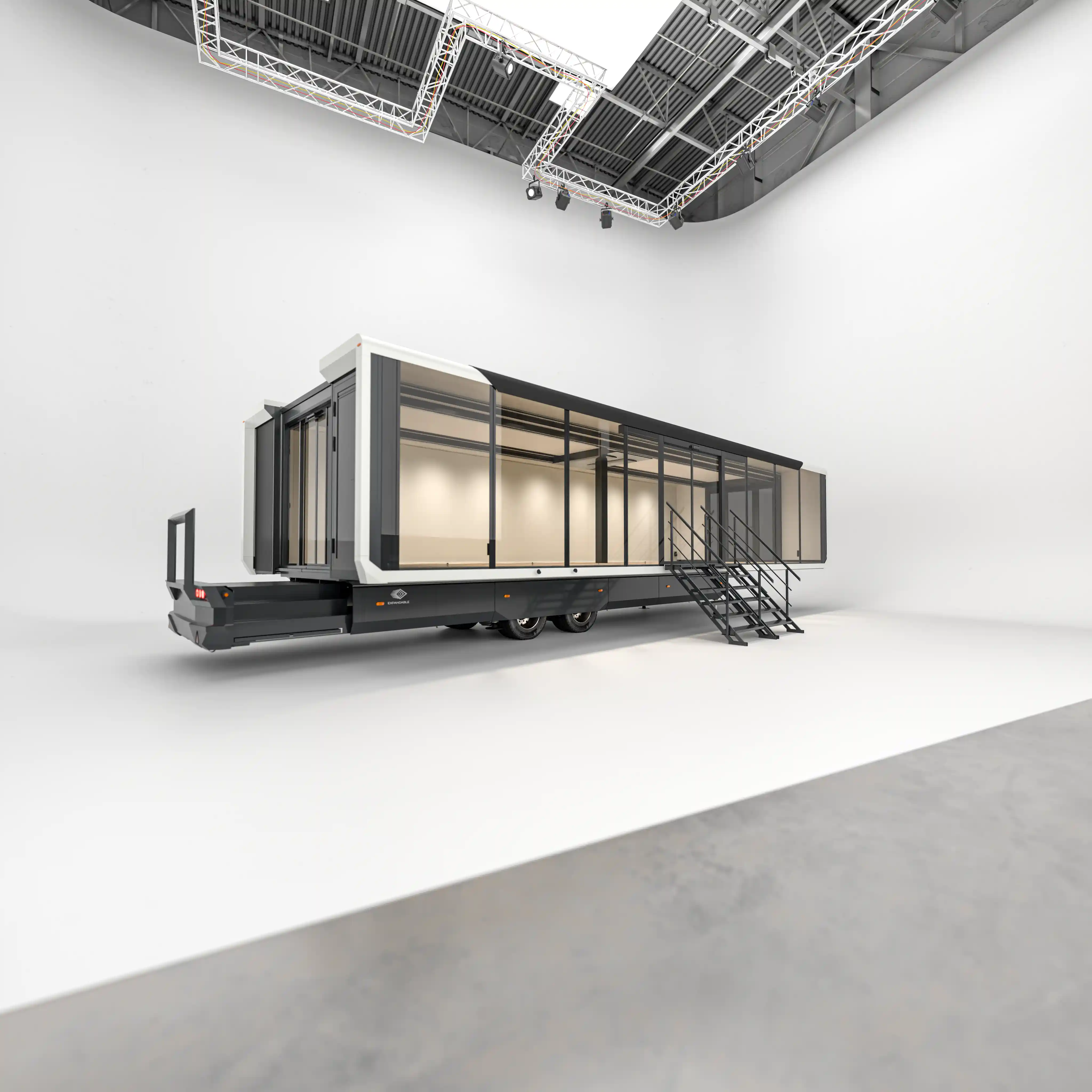 Expandable Trailer unfolded with stairs, ready to use