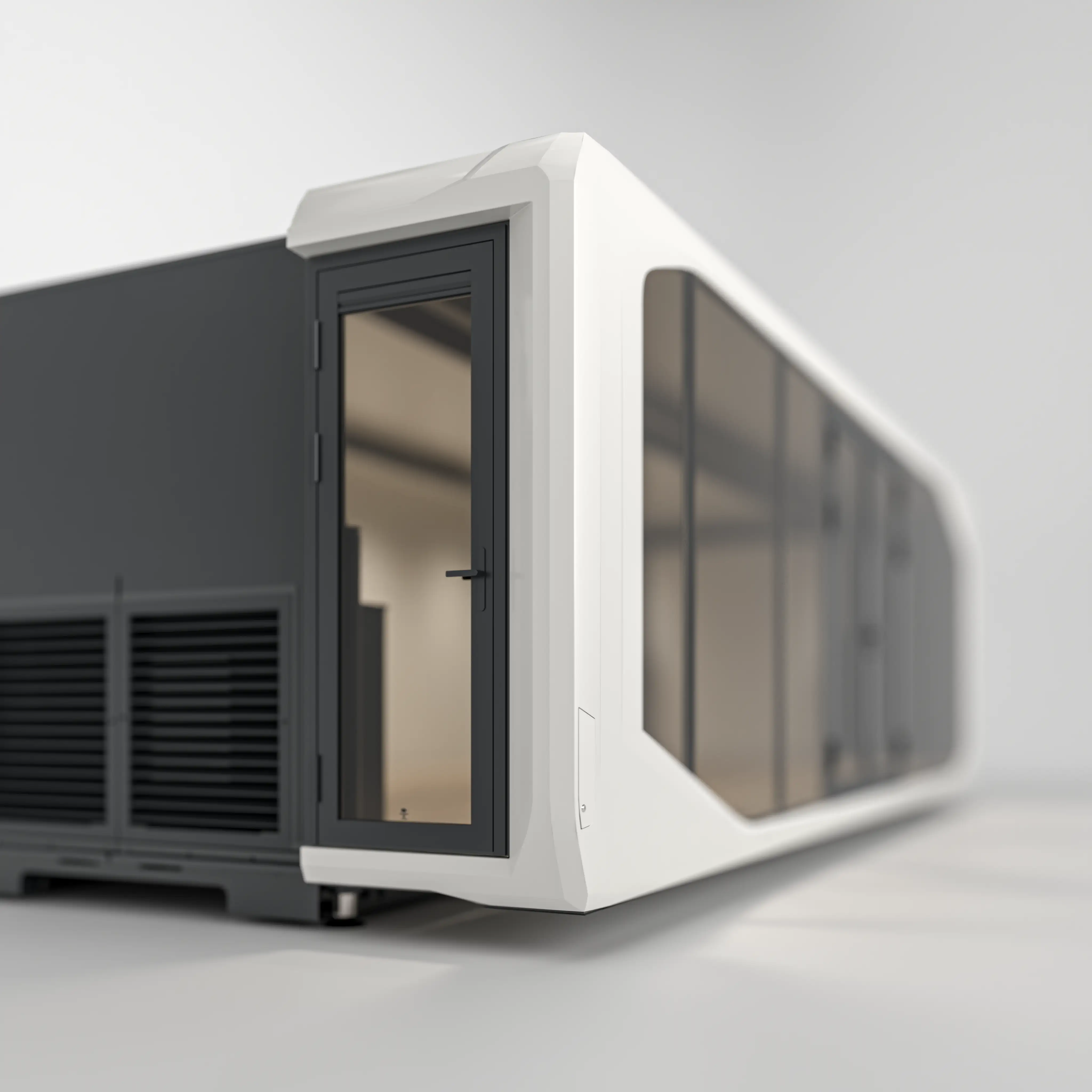 Side profile of Expandable 30ft Pod, showcasing sleek and modular architecture.