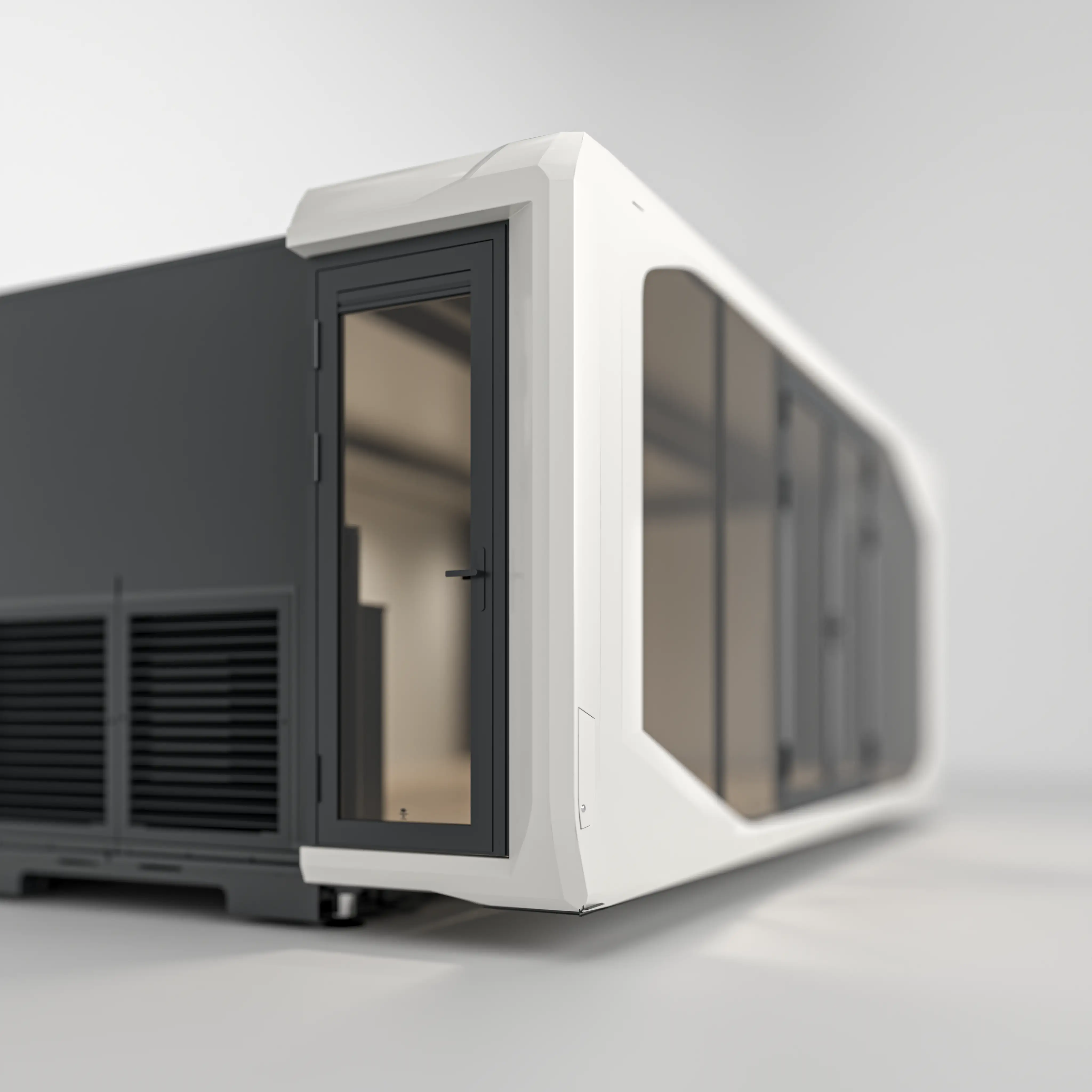 Detailed shot of Expandable's 25ft Pod with contemporary design and door feature.