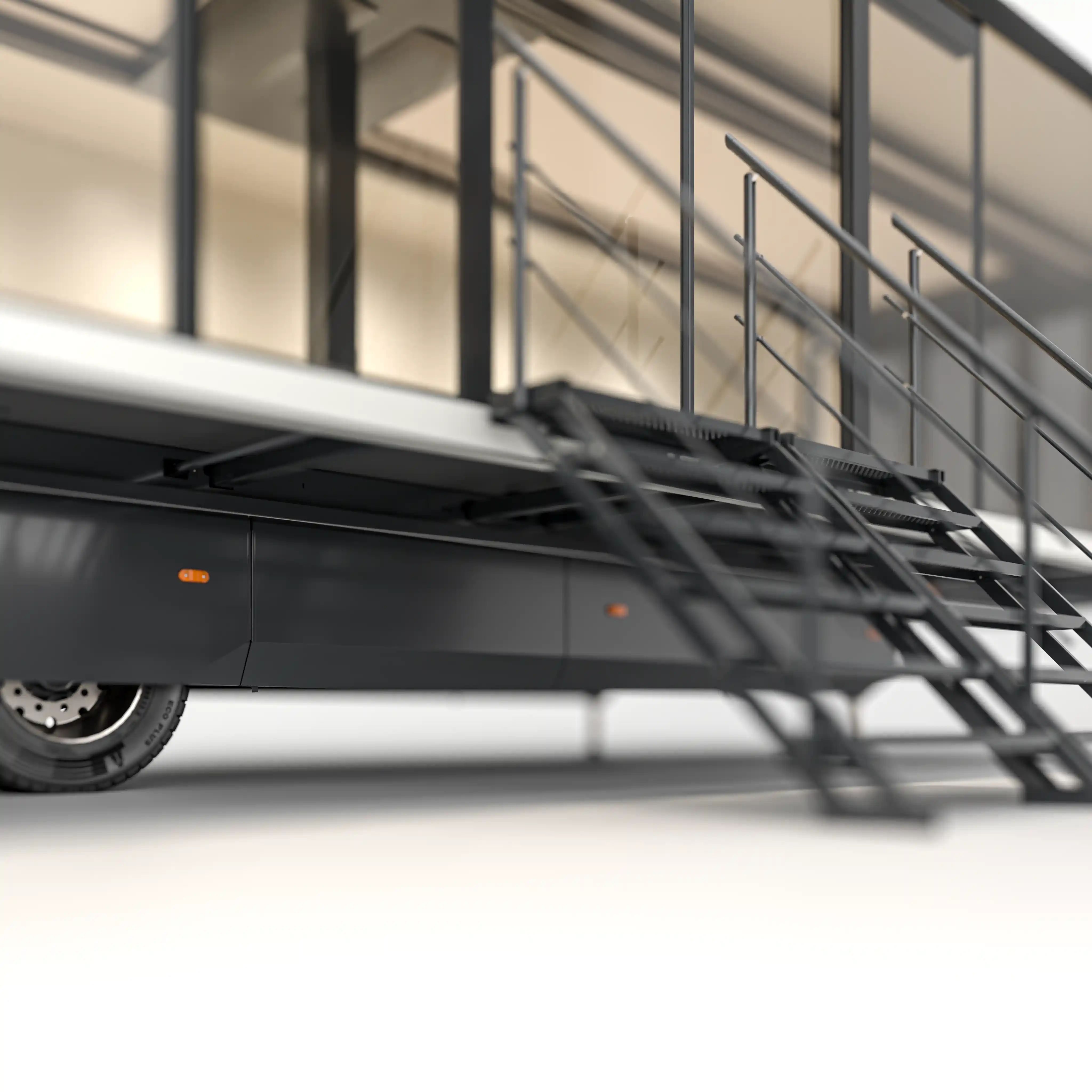 Side view of Expandable Trailer with stairs, ready for business operations.
